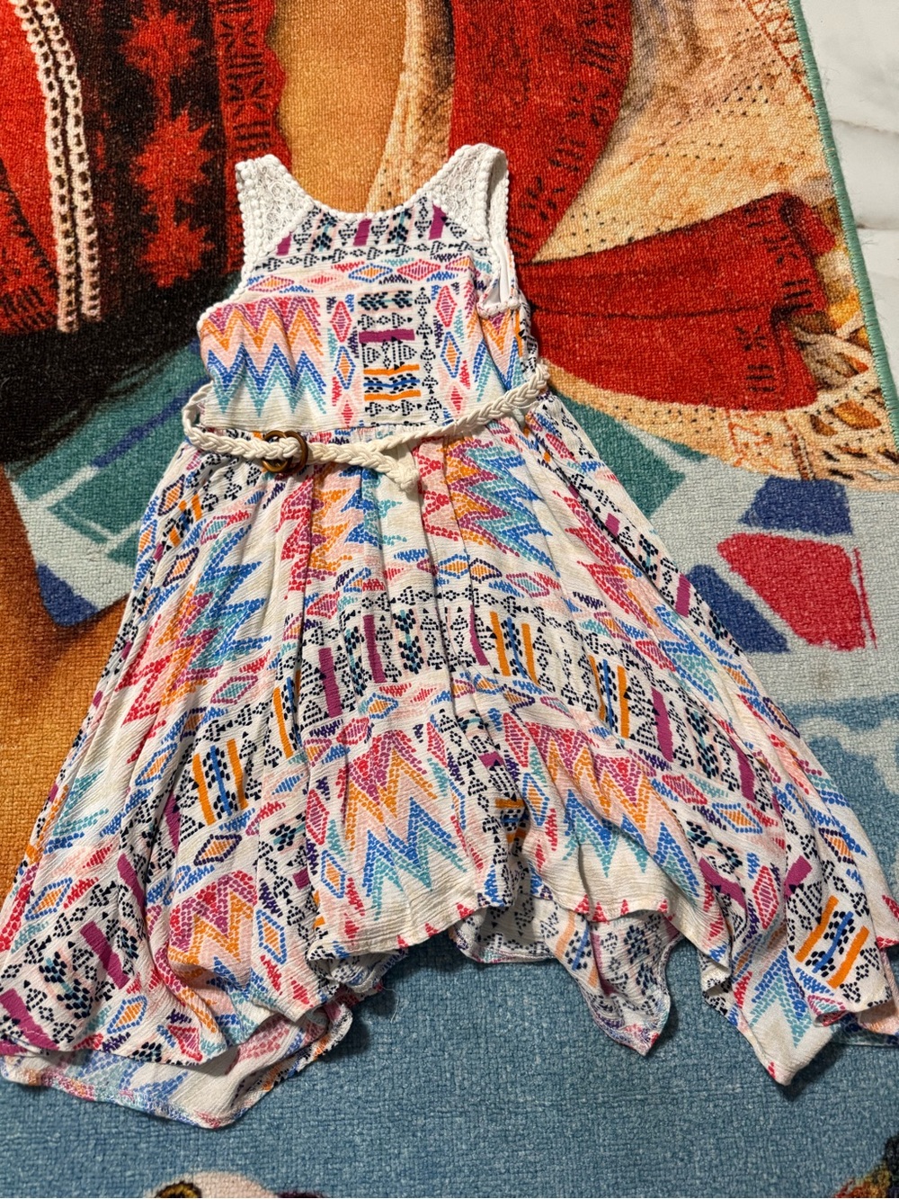 Rare Editions Pink & Blue Crochet Yoke Boho Dress with Rope Accent